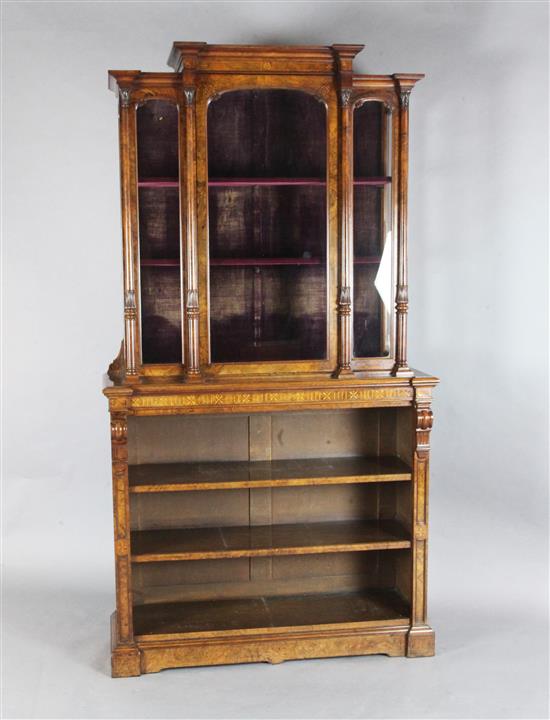 A Victorian burr walnut and marquetry cabinet on bookshelf, by Wilkinson & Son, W.3ft 6in.